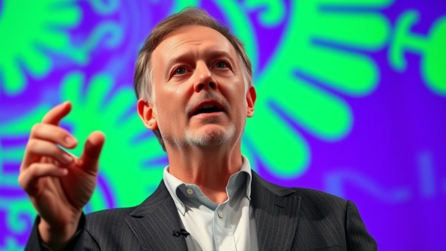 Speaker discussing climate action San Diego on stage with vibrant backdrop.