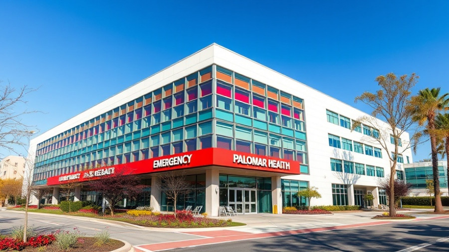 Palomar Health facility entrance with prominent signage, sunny day.