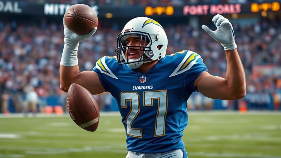Chargers player celebrates during blowout win over Vikings in dynamic pose.