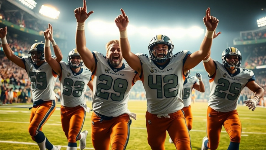 Chargers players celebrate victory in dynamic stadium setting.