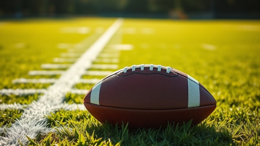 Football on a grassy field under bright sunlight, featuring white yard lines.