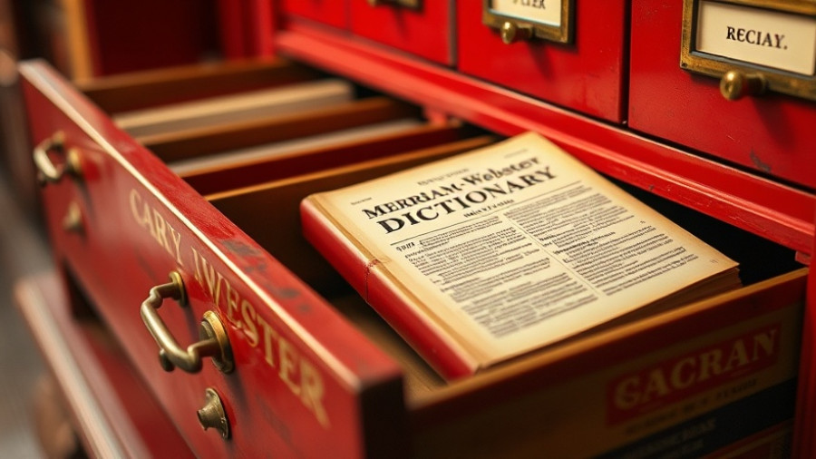 Vintage card catalog with Merriam-Webster's dictionary in library setting.