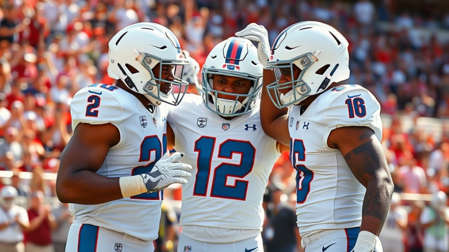 San Diego State football players celebrating on the field, showcasing team spirit.