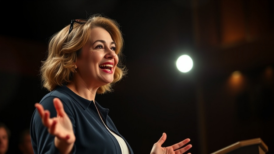 Female speaker presenting passionately, adolescent brain development talk.