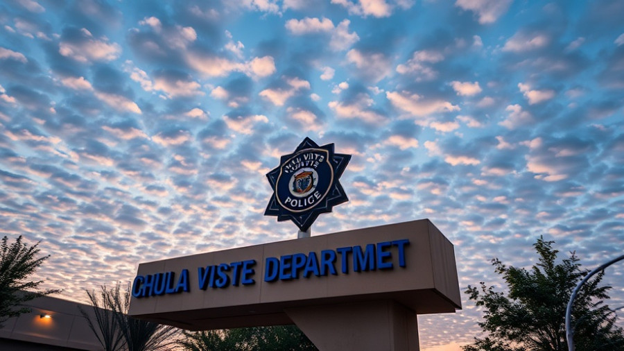 Chula Vista Police Department sign at dusk, cloudy sky, urban setting.