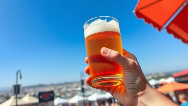 Hand holding beer at San Diego festival, clear sky backdrop.