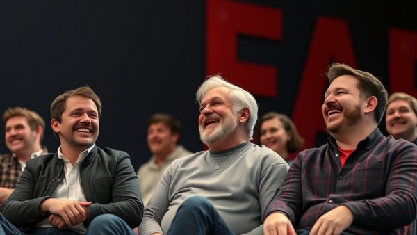 Two men on stage discussing hope for democracy, smiling.