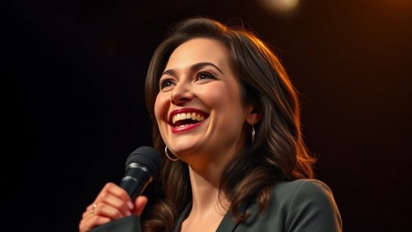 Confident woman speaking energetically on stage to unlock your flirting superpowers.