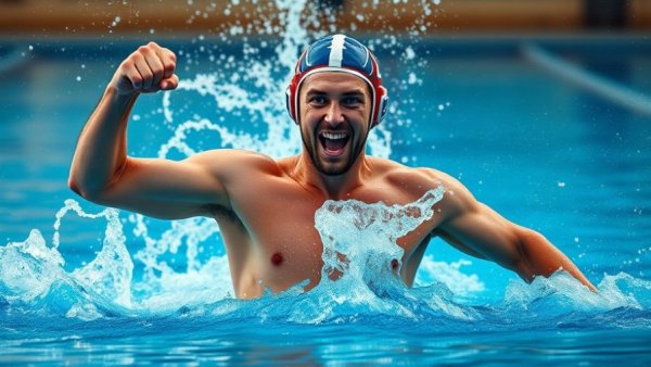 Water polo player celebrating Mar Vista CIF water polo title.