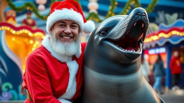SeaWorld San Diego Christmas Celebration scene with person in Santa costume and sea lion.