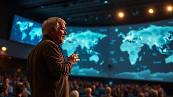 Speaker discussing deforestation monitoring technology with map backdrop.