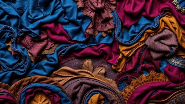 Abstract textile art displaying textured layers in blue and burgundy, UCSD Artist-in-Residence Program.