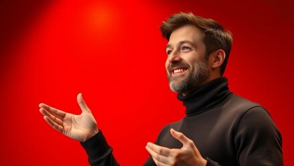 Smiling man presenting against a red background, costume design storytelling.