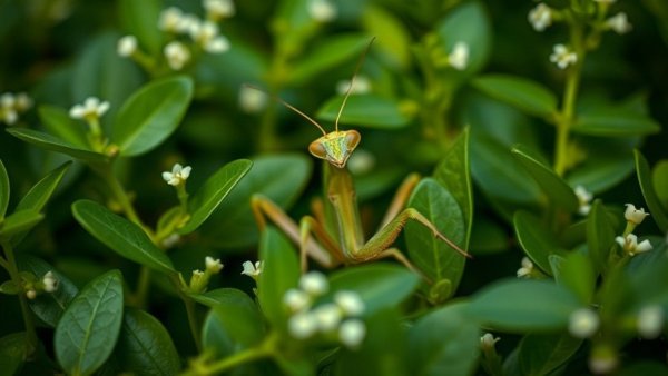 Praying mantis camouflaged in San Diego foliage, wildlife influencer