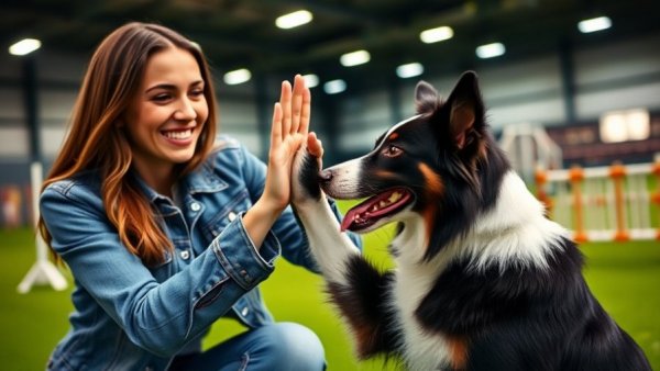How to communicate with your dog: Woman and Border Collie training indoors.