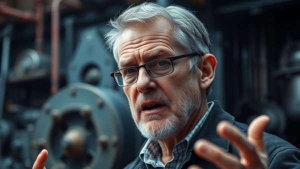 Man discussing capitalism and climate change on stage with mechanical backdrop.