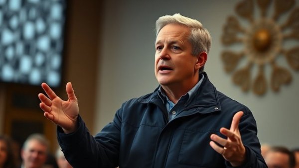 Middle-aged male speaker discussing publicly, emphasizing points indoors.