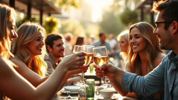 Friends enjoying wine in sunlight, celebrating together outdoors.