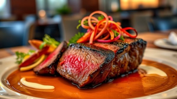 Gourmet steak dish at French restaurant opening in Chula Vista.