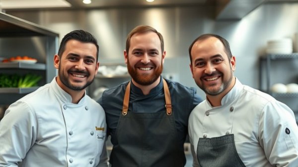 Tahini and Finjan Coffee Co. owners with chef in professional kitchen.