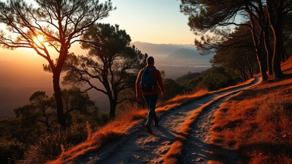 Hiker on East County hiking trail at sunset.