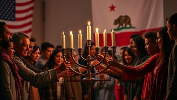 Unity against antisemitism symbolized by diverse group lighting menorah