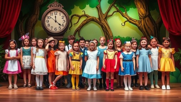Children in 'Alice in Wonderland' stage costumes on a colorful set.