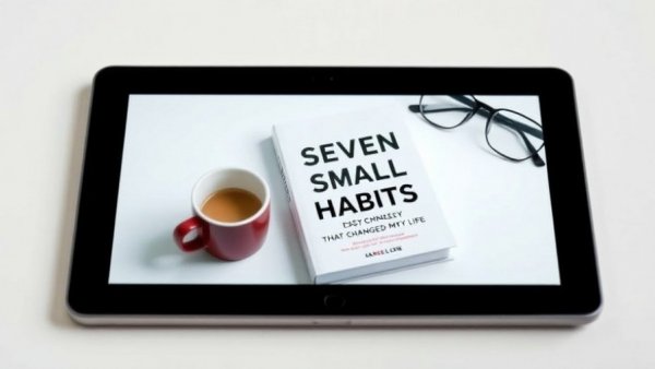 Tablet screen showing book cover with coffee mug and glasses.