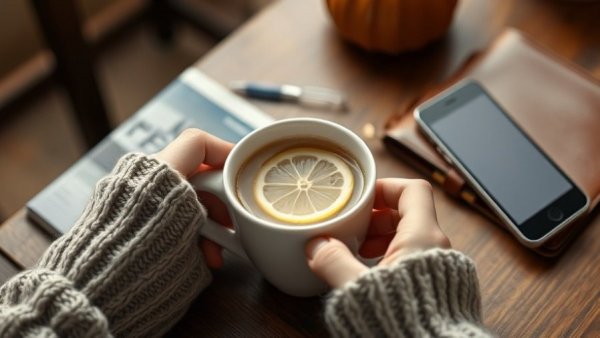 Cozy hands with tea cup, notebook, and phone for community events in San Diego County.