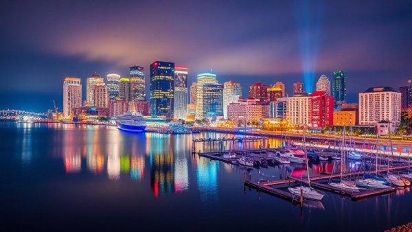 San Diego skyline at night with city lights and marina.