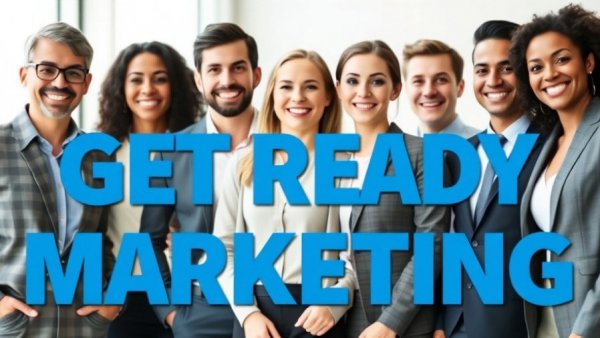 Cheerful business team with 'Get Ready Marketing' text, reflecting types of reputation management.