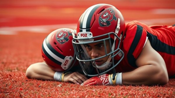 New Mexico Bowl loss: dejected football player on vibrant red turf.