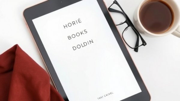 Simple book cover on tablet with coffee and glasses, minimalist design.