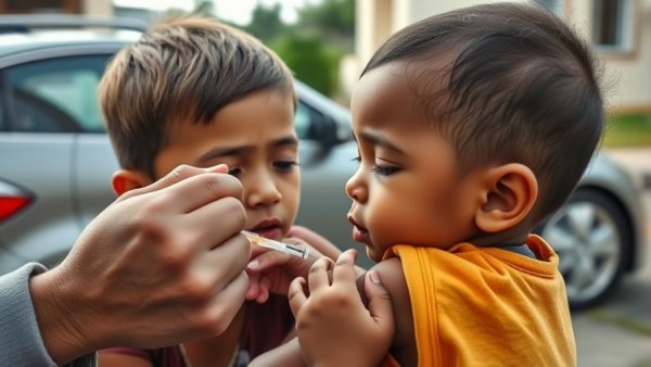 Childhood vaccination changes: kid getting vaccine outdoors, comforted.