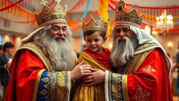 Three Kings Day celebration with figures in colorful costumes and children.