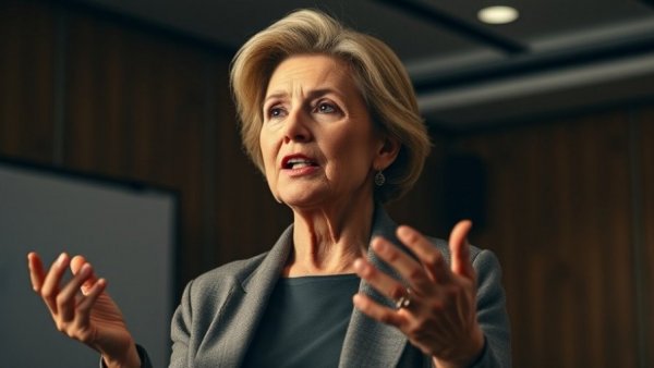 Confident older woman speaking passionately during a presentation in dimly lit room.