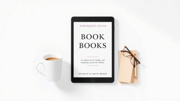 Displaying a book cover about easy habits on a tablet with coffee and notebook.