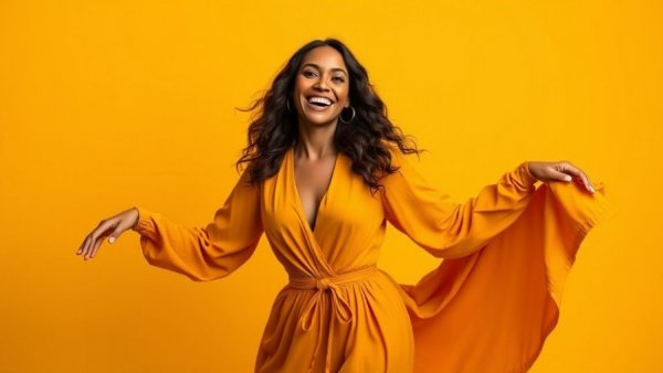 Smiling woman in mustard dress against yellow background