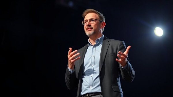 Confident speaker presenting on stage, pill that evokes universal love.