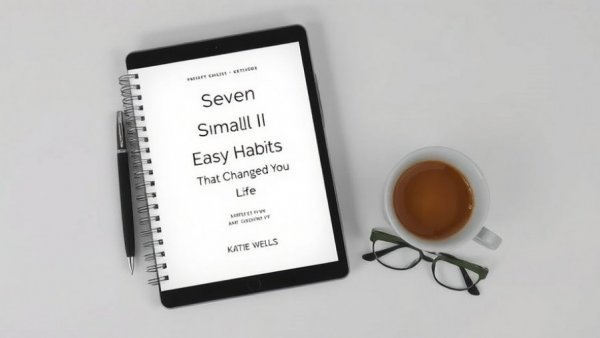 E-book cover on tablet displaying 'Seven Small Easy Habits' by Katie Wells.