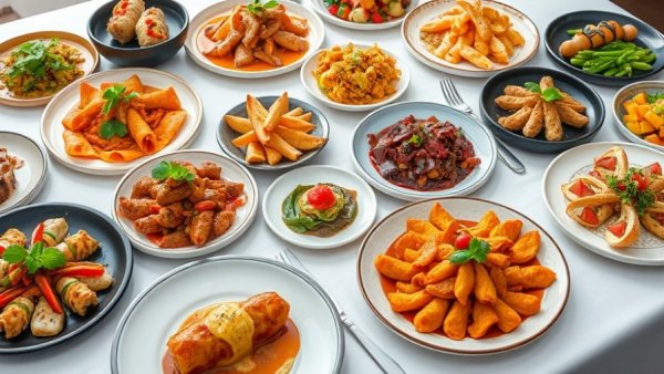 Guide to San Diego Food Scene: Elegant gourmet dish assortment on white tablecloth.