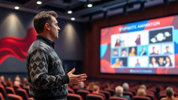 Man presenting stop-motion animation in San Diego with sweater.