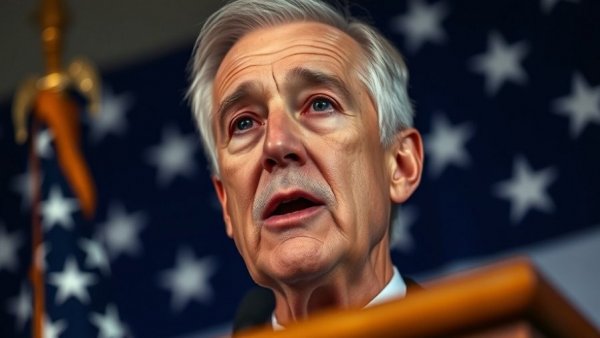Close-up of older man speaking in front of flag, Trump's Board of Peace.