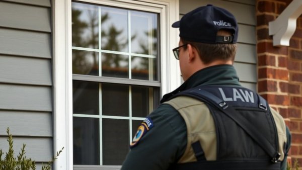Police officer outside a home, linked to Minnesota immigration enforcement legal battles.