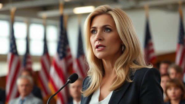 Blonde woman delivers speech, flags in background.