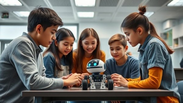 Students engaging in SDJA Robotics Initiative, operating a robot.