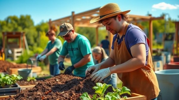 Volunteers composting at Solana Center for Environmental Innovation in the sun.