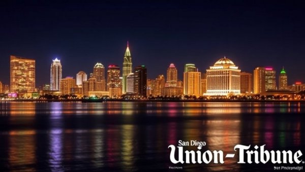 San Diego skyline at night with The San Diego Union-Tribune logo.