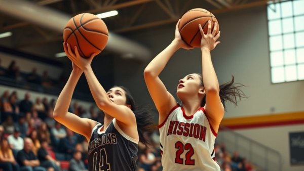 Mission Hills basketball rivalry: intense game scene with players vying for ball.