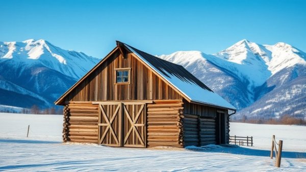 Rustic barn with snow and mountains background showcasing Sedona energy vortexes.
